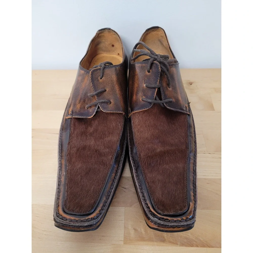 Moretti Dress Shoes Mens 11 Brown Leather Pony Hair Square Toe Oxfords F515